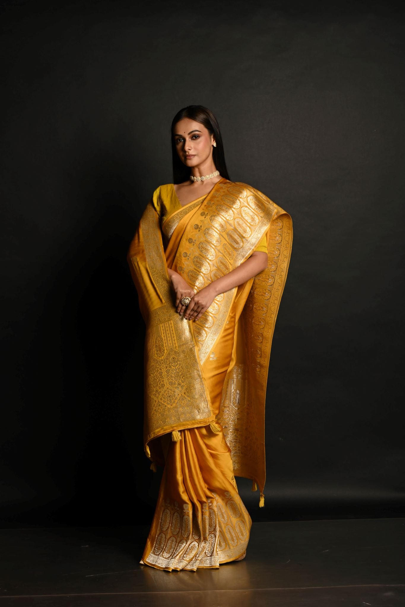 Yellow Pure Banarasi Satin Silk Handloom Saree - Anvi Couture