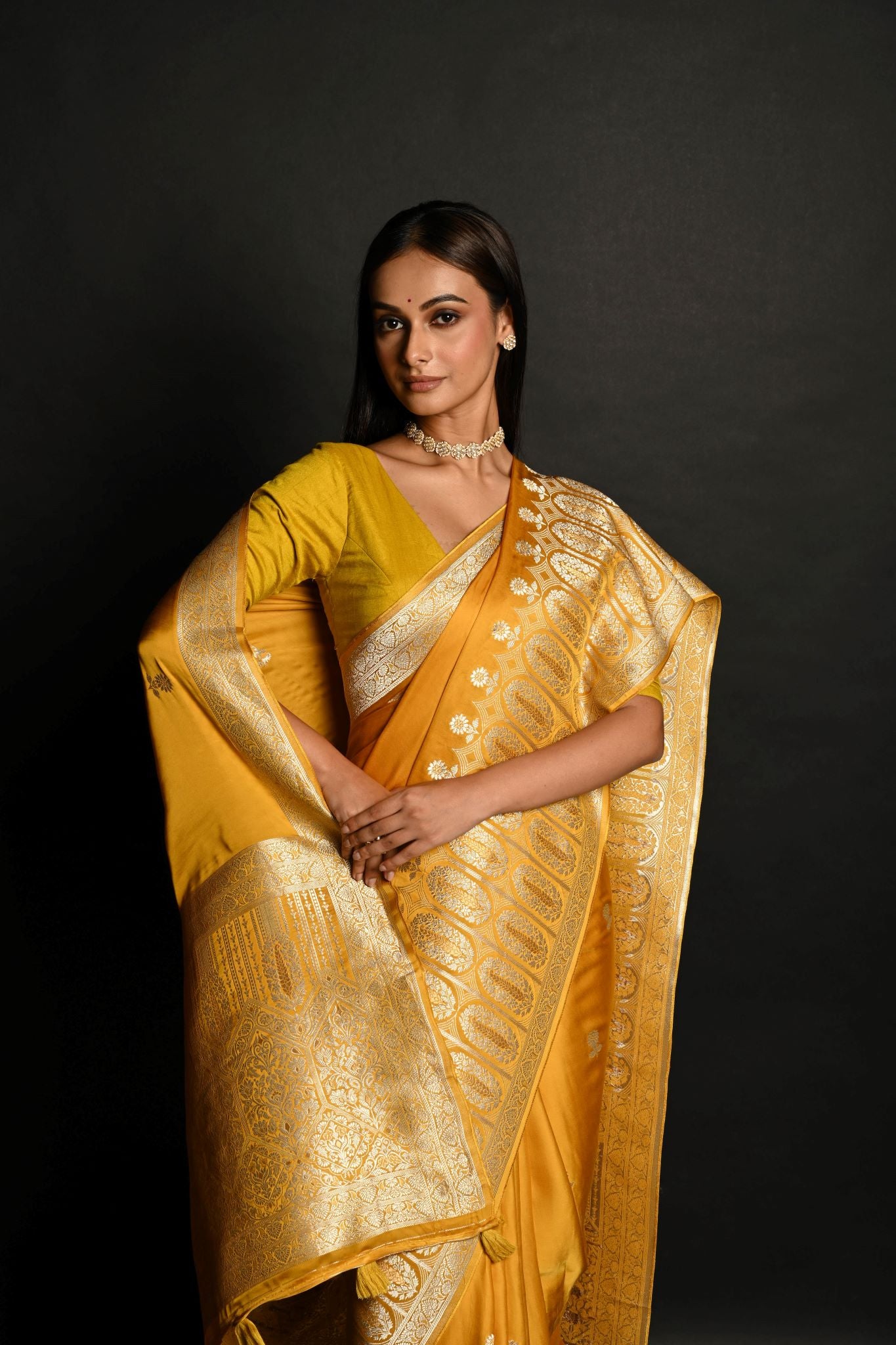 Yellow Pure Banarasi Satin Silk Handloom Saree - Anvi Couture