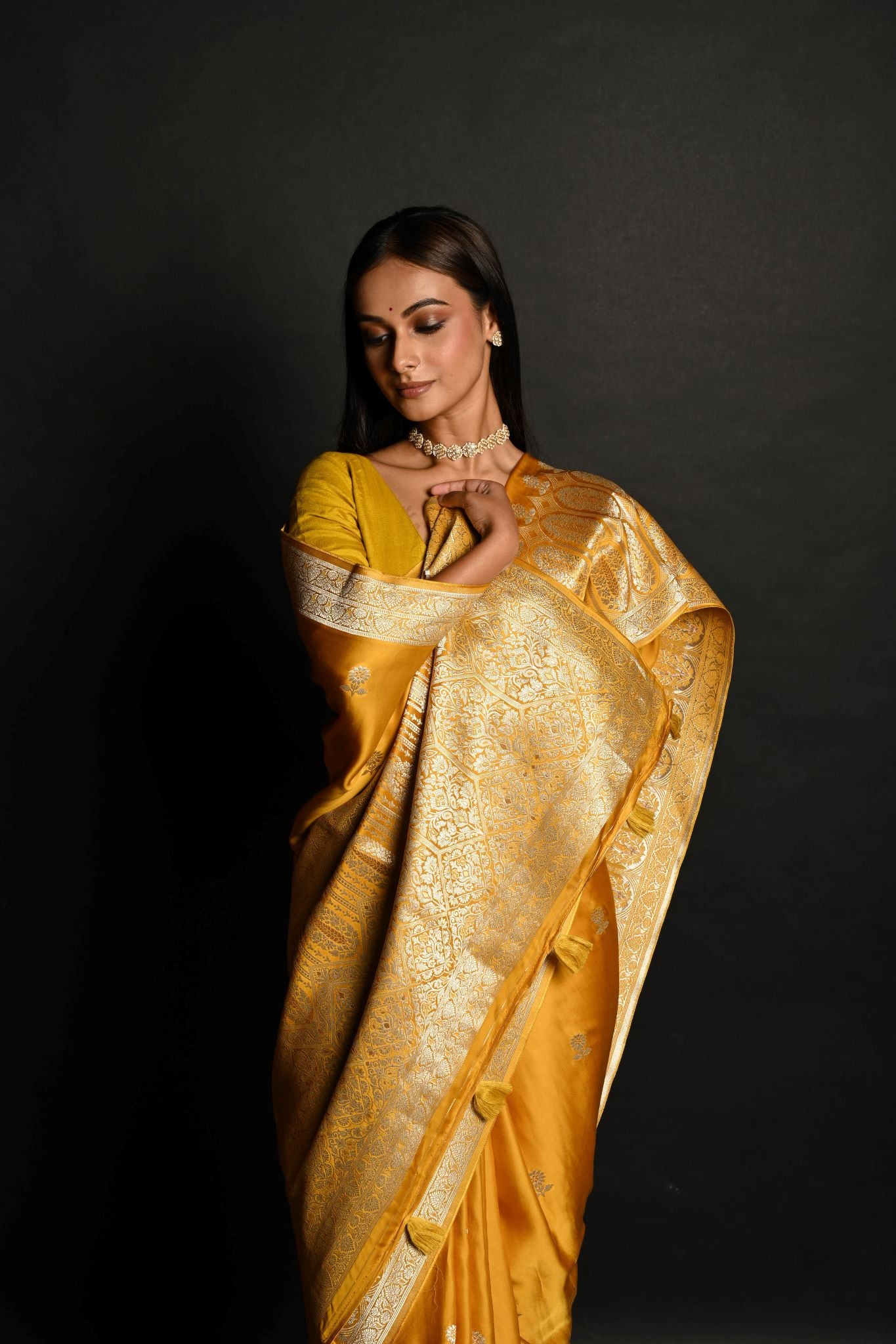 Yellow Pure Banarasi Satin Silk Handloom Saree - Anvi Couture