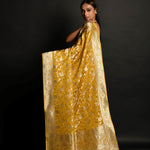 Yellow Handloom Pure Satin Silk Banarasi Saree with Jaal Gold Zari Work - Anvi Couture