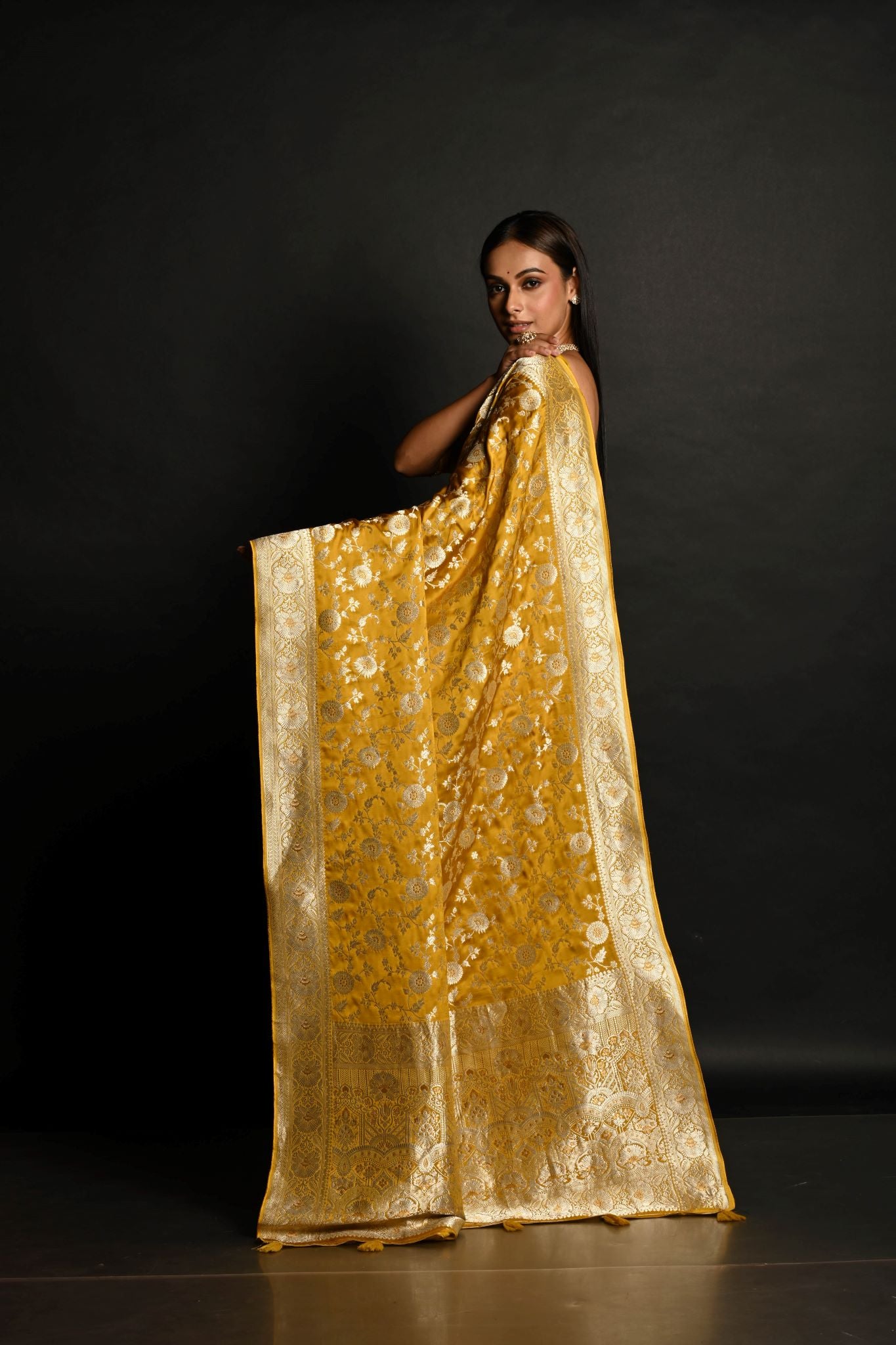 Yellow Handloom Pure Satin Silk Banarasi Saree with Jaal Gold Zari Work - Anvi Couture