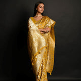 Yellow Handloom Pure Satin Silk Banarasi Saree with Jaal Gold Zari Work - Anvi Couture