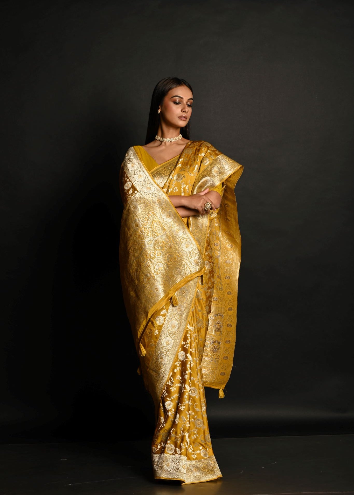 Yellow Handloom Pure Satin Silk Banarasi Saree with Jaal Gold Zari Work - Anvi Couture