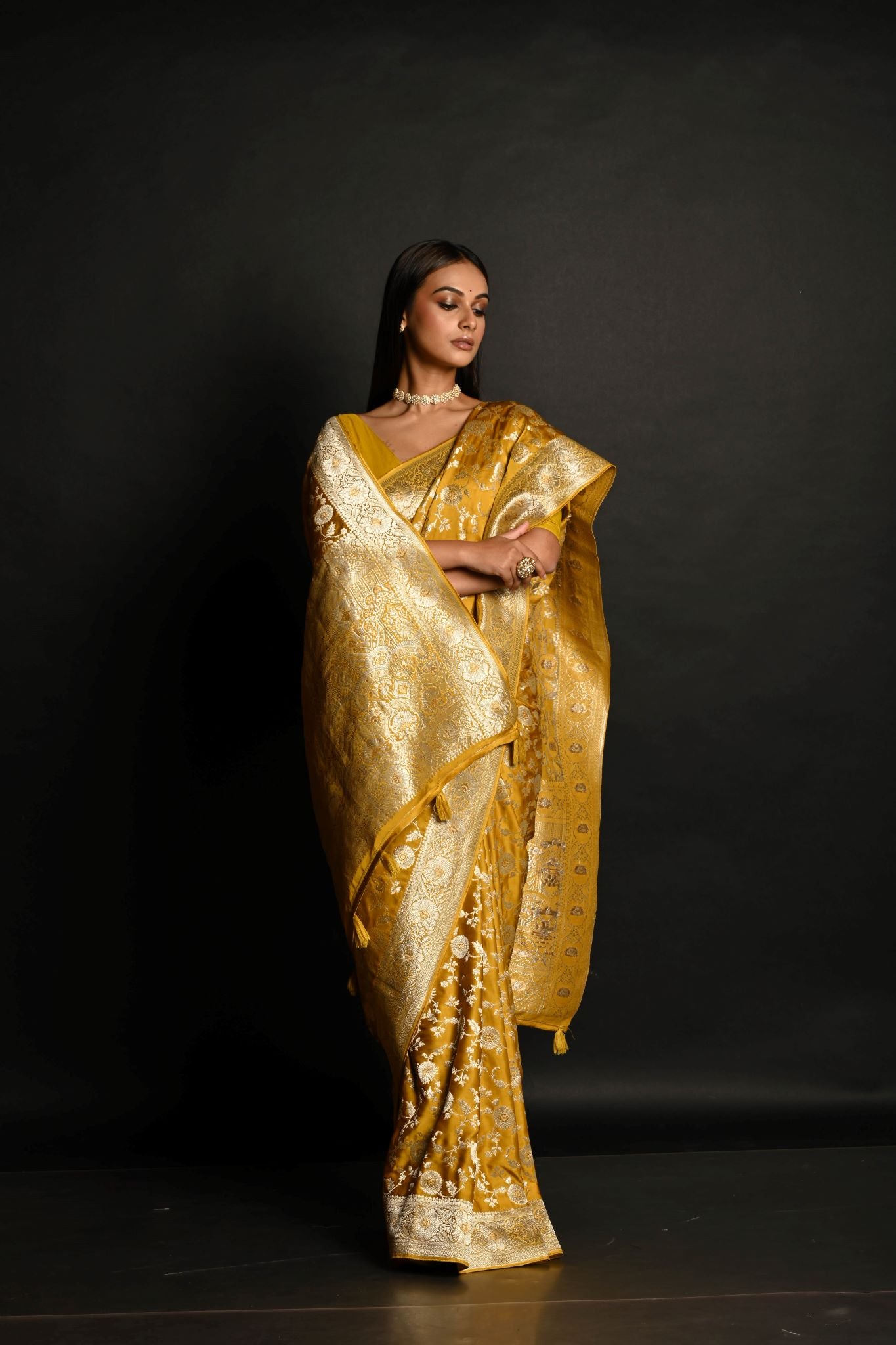 Yellow Handloom Pure Satin Silk Banarasi Saree with Jaal Gold Zari Work - Anvi Couture