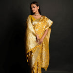 Yellow Handloom Pure Satin Silk Banarasi Saree with Jaal Gold Zari Work - Anvi Couture