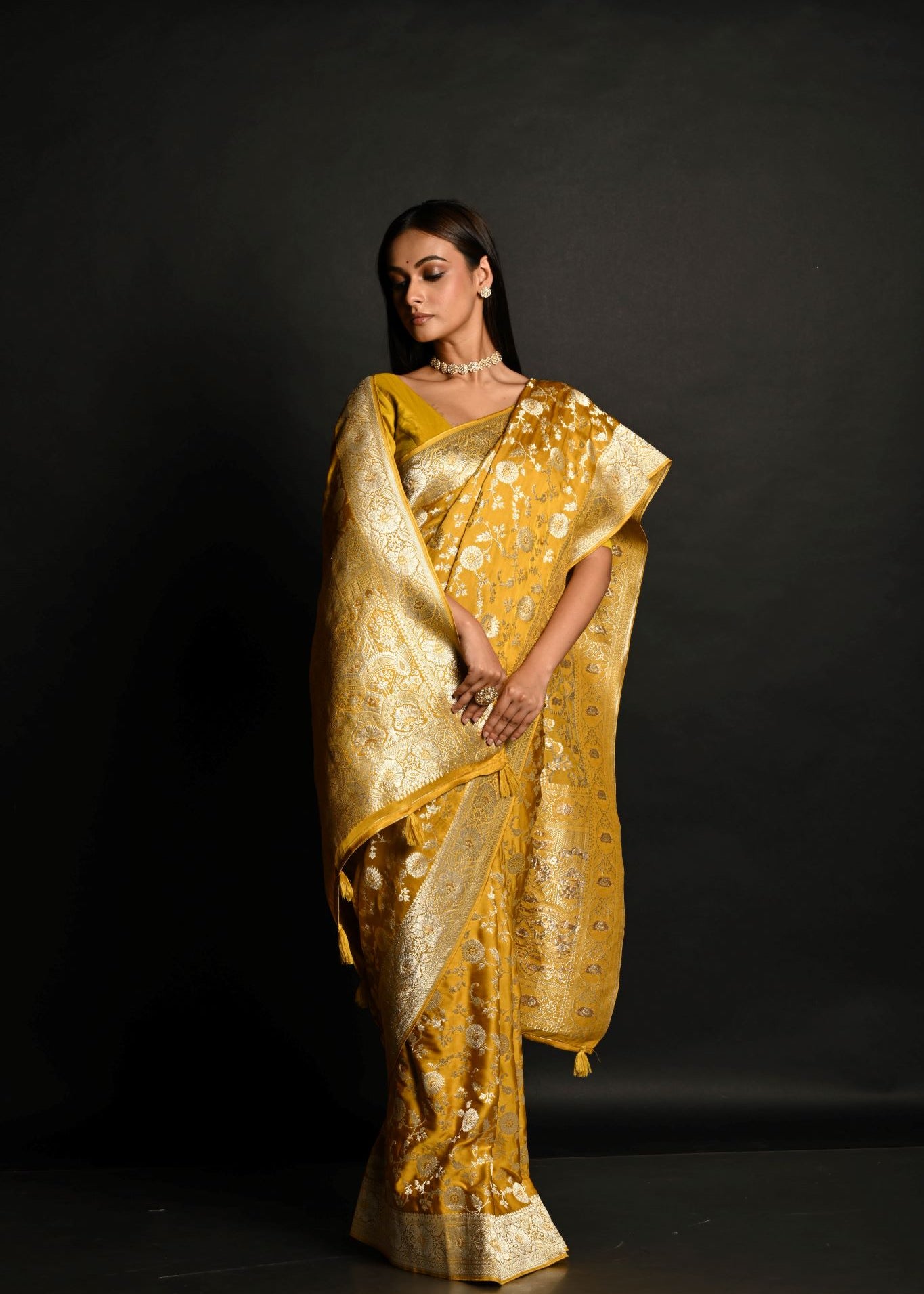 Yellow Handloom Pure Satin Silk Banarasi Saree with Jaal Gold Zari Work - Anvi Couture