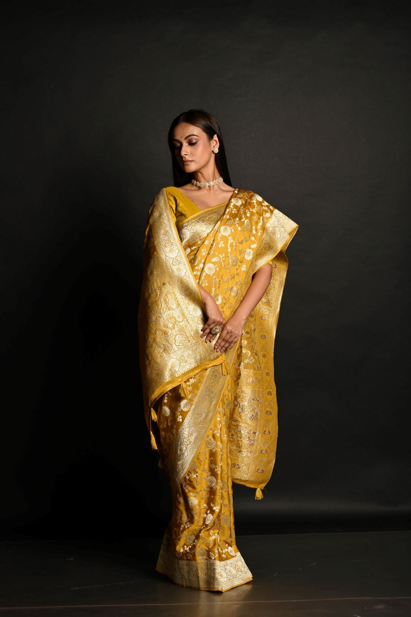 Yellow Handloom Pure Satin Silk Banarasi Saree with Jaal Gold Zari Work - Anvi Couture