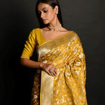 Yellow Handloom Pure Satin Silk Banarasi Saree with Jaal Gold Zari Work - Anvi Couture