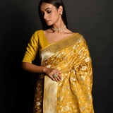 Yellow Handloom Pure Satin Silk Banarasi Saree with Jaal Gold Zari Work - Anvi Couture