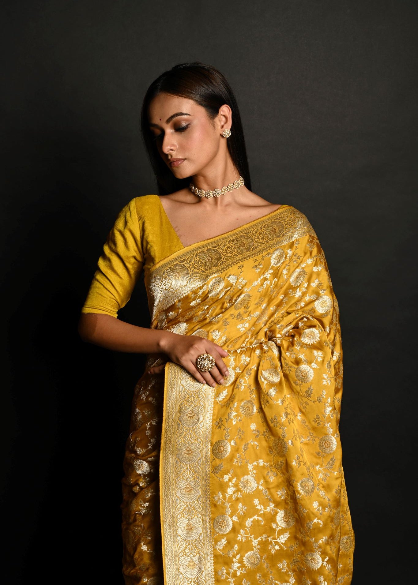 Yellow Handloom Pure Satin Silk Banarasi Saree with Jaal Gold Zari Work - Anvi Couture