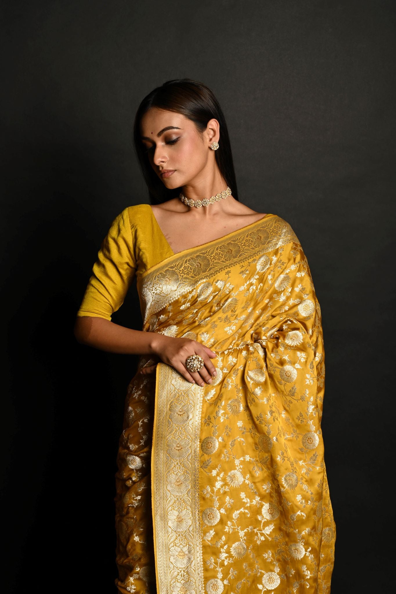 Yellow Handloom Pure Satin Silk Banarasi Saree with Jaal Gold Zari Work - Anvi Couture