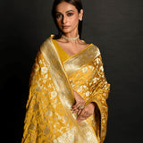 Yellow Handloom Pure Satin Silk Banarasi Saree with Jaal Gold Zari Work - Anvi Couture