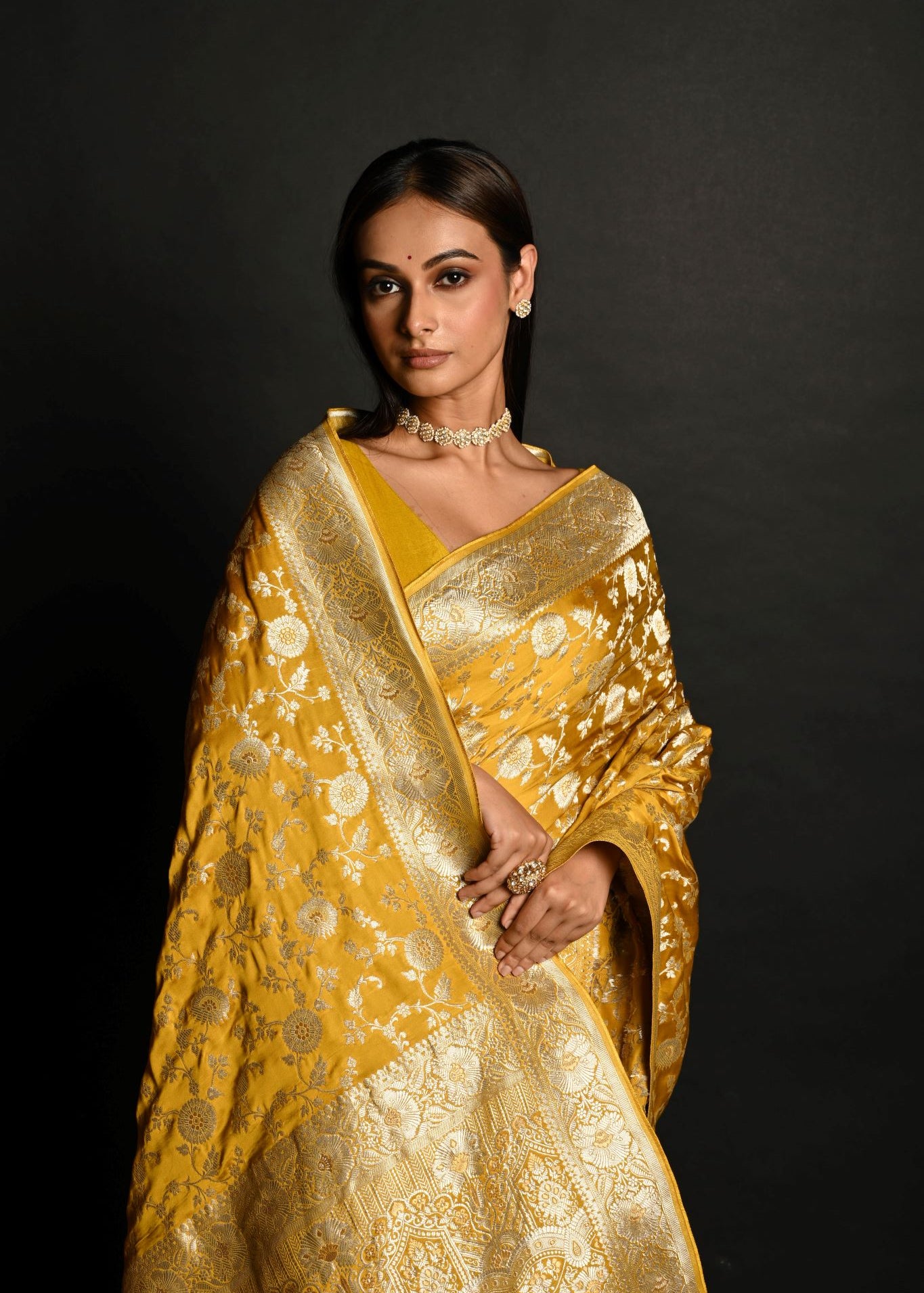 Yellow Handloom Pure Satin Silk Banarasi Saree with Jaal Gold Zari Work - Anvi Couture