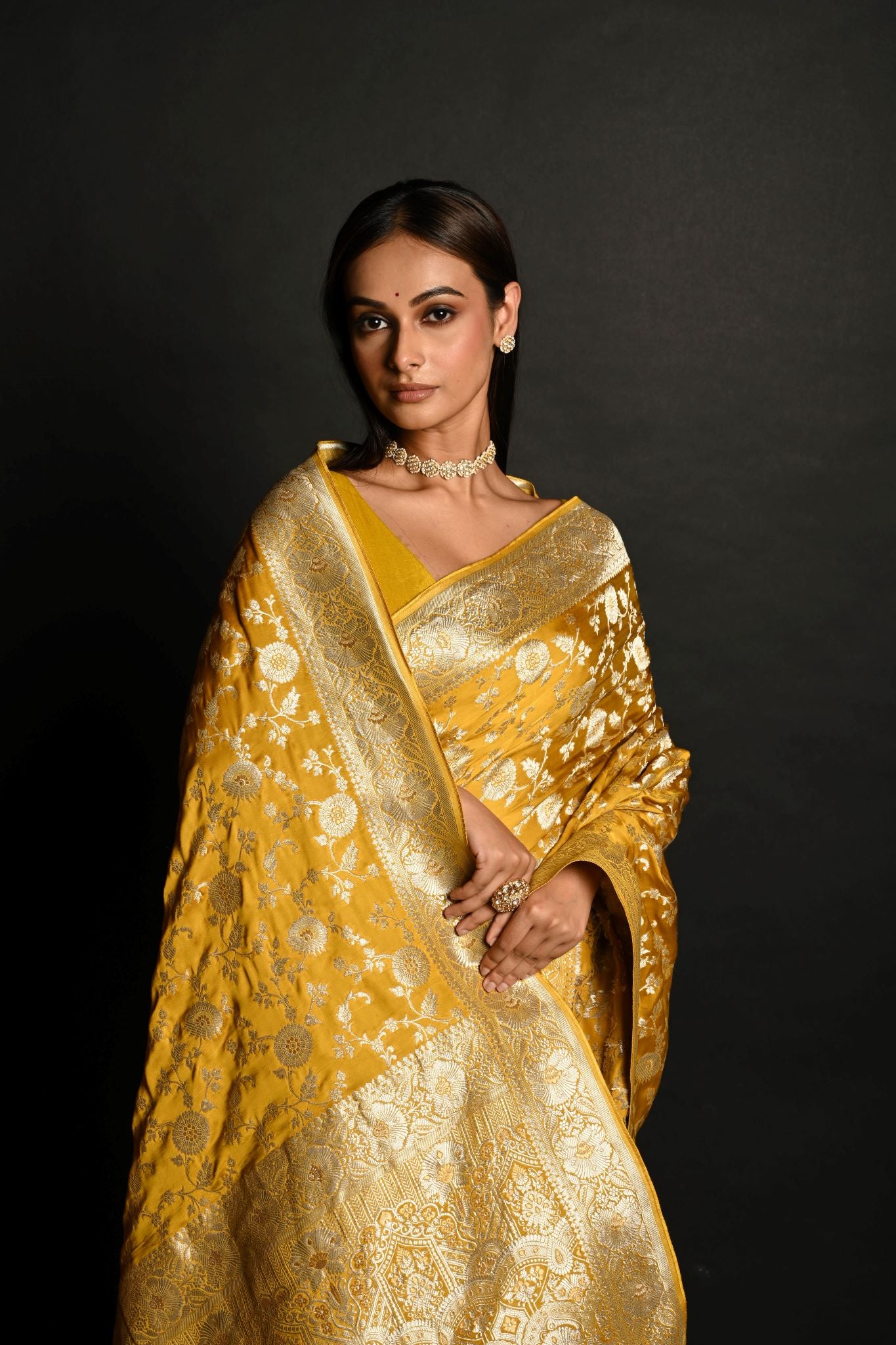 Yellow Handloom Pure Satin Silk Banarasi Saree with Jaal Gold Zari Work - Anvi Couture