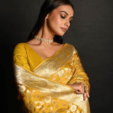 Yellow Handloom Pure Satin Silk Banarasi Saree with Jaal Gold Zari Work - Anvi Couture