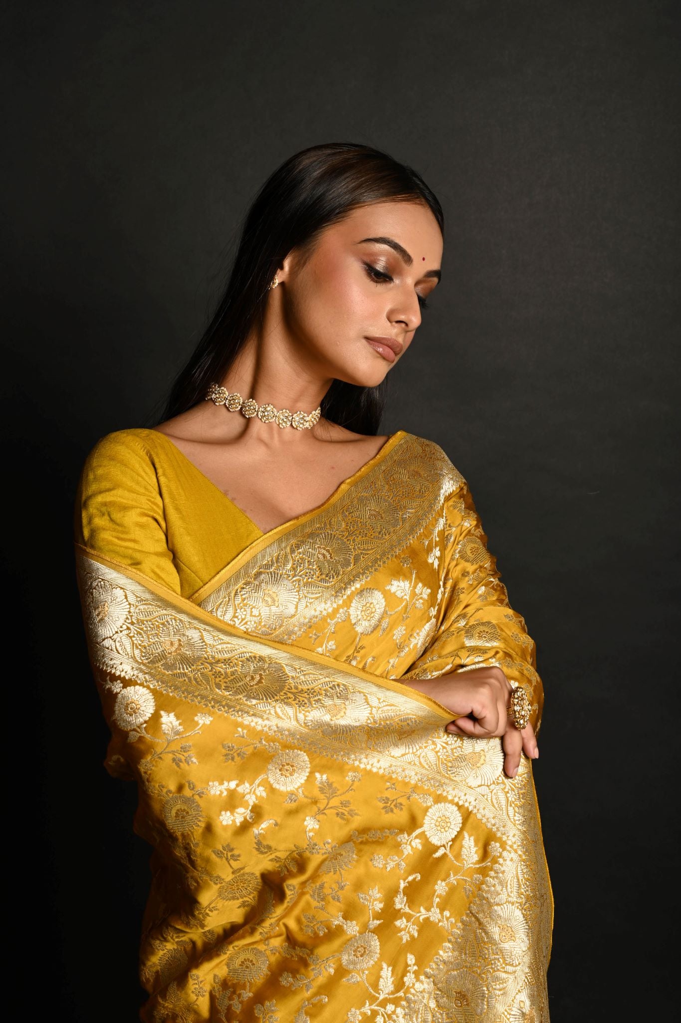 Yellow Handloom Pure Satin Silk Banarasi Saree with Jaal Gold Zari Work - Anvi Couture