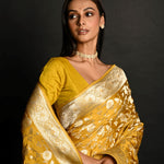 Yellow Handloom Pure Satin Silk Banarasi Saree with Jaal Gold Zari Work - Anvi Couture