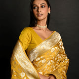 Yellow Handloom Pure Satin Silk Banarasi Saree with Jaal Gold Zari Work - Anvi Couture