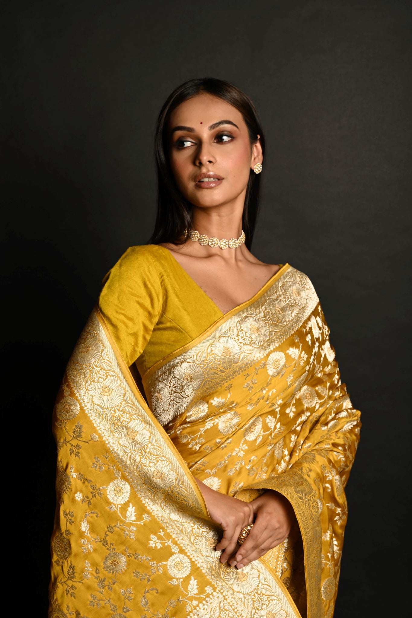 Yellow Handloom Pure Satin Silk Banarasi Saree with Jaal Gold Zari Work - Anvi Couture