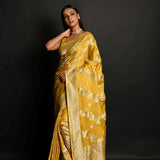 Yellow Pure Satin Silk Banarasi Saree with All Over Gold Zari Work  - Anvi Couture