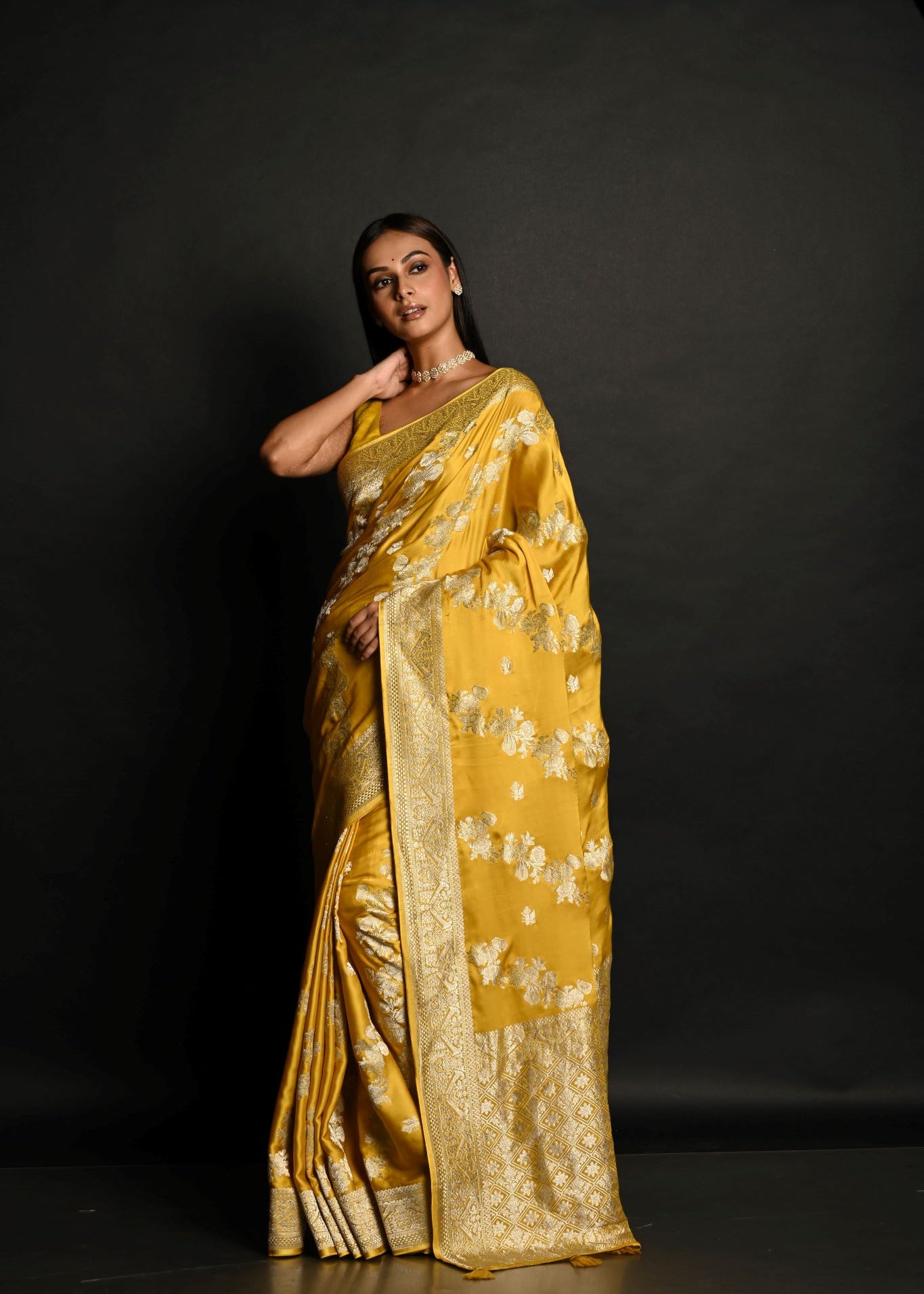 Yellow Pure Satin Silk Banarasi Saree with All Over Gold Zari Work  - Anvi Couture