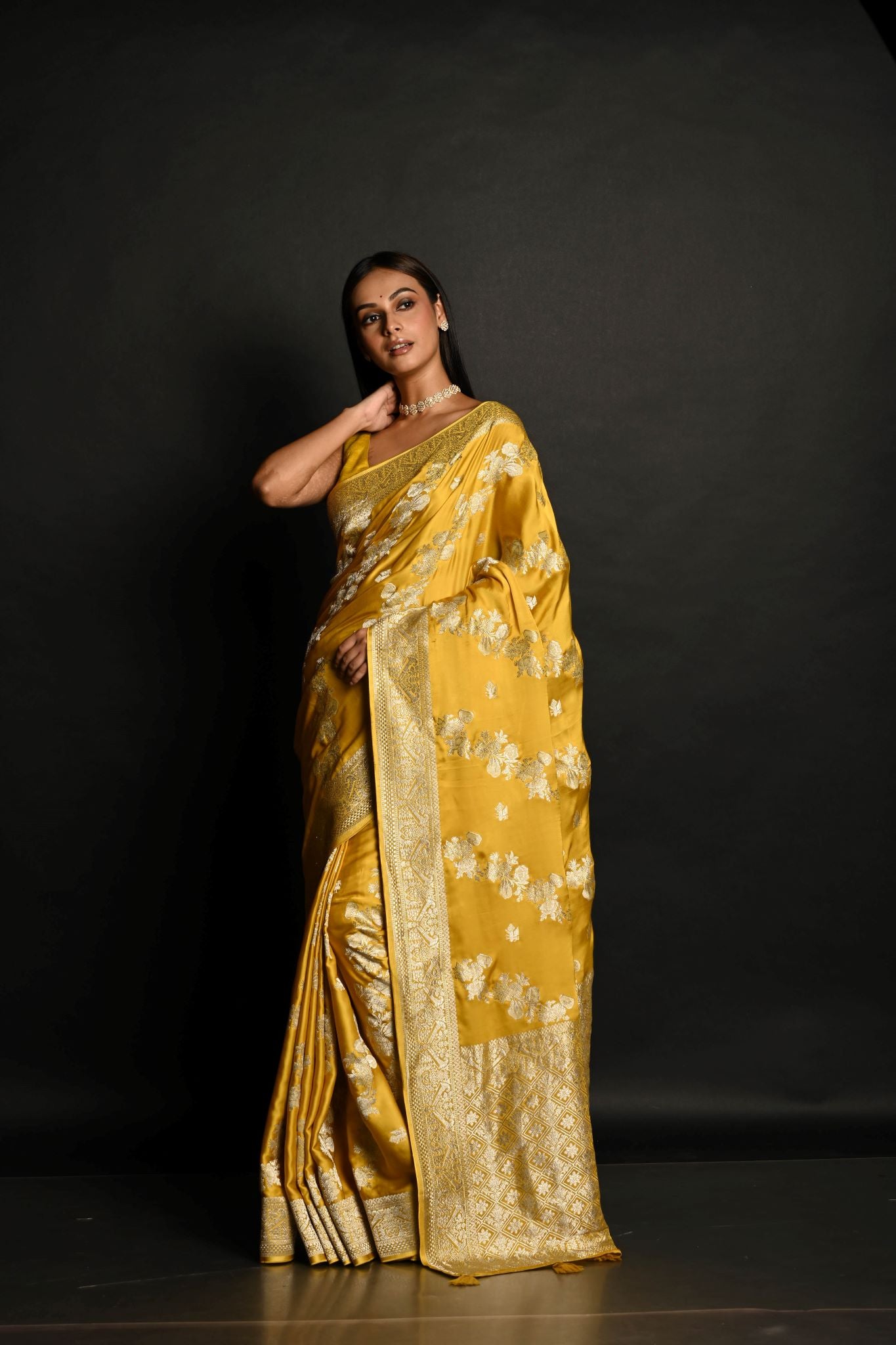 Yellow Pure Satin Silk Banarasi Saree with All Over Gold Zari Work  - Anvi Couture