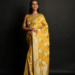 Yellow Pure Satin Silk Banarasi Saree with All Over Gold Zari Work  - Anvi Couture