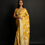 Yellow Pure Satin Silk Banarasi Saree with All Over Gold Zari Work  - Anvi Couture