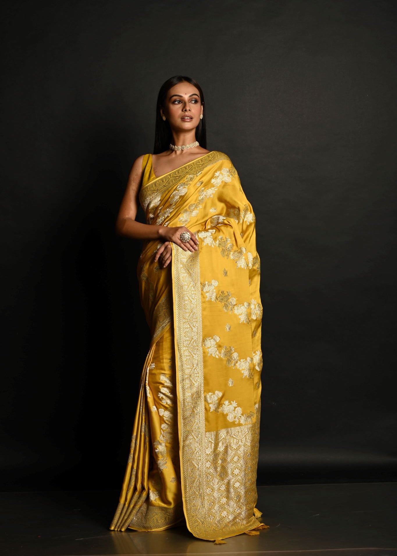 Yellow Pure Satin Silk Banarasi Saree with All Over Gold Zari Work  - Anvi Couture