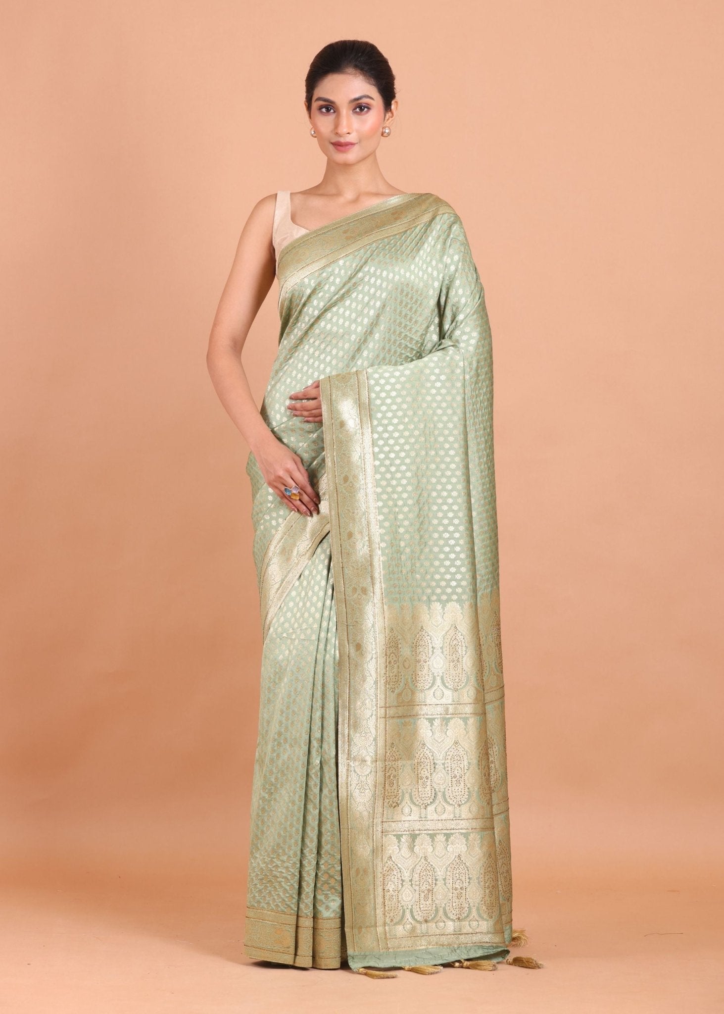 Sage Green Silk Banarasi Saree With Sequin Work - Anvi Couture