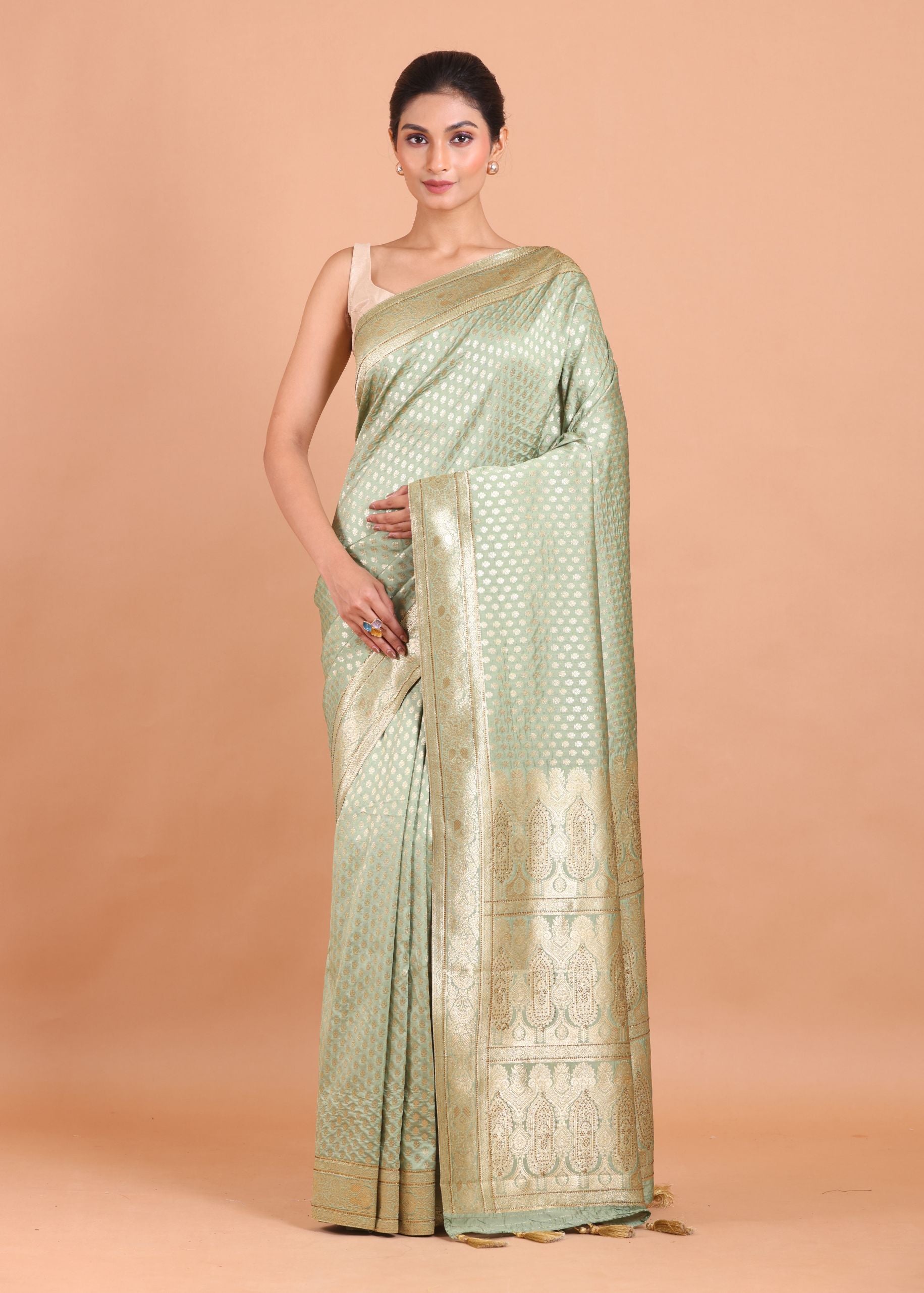 Sage Green Silk Banarasi Saree With Sequin Work full