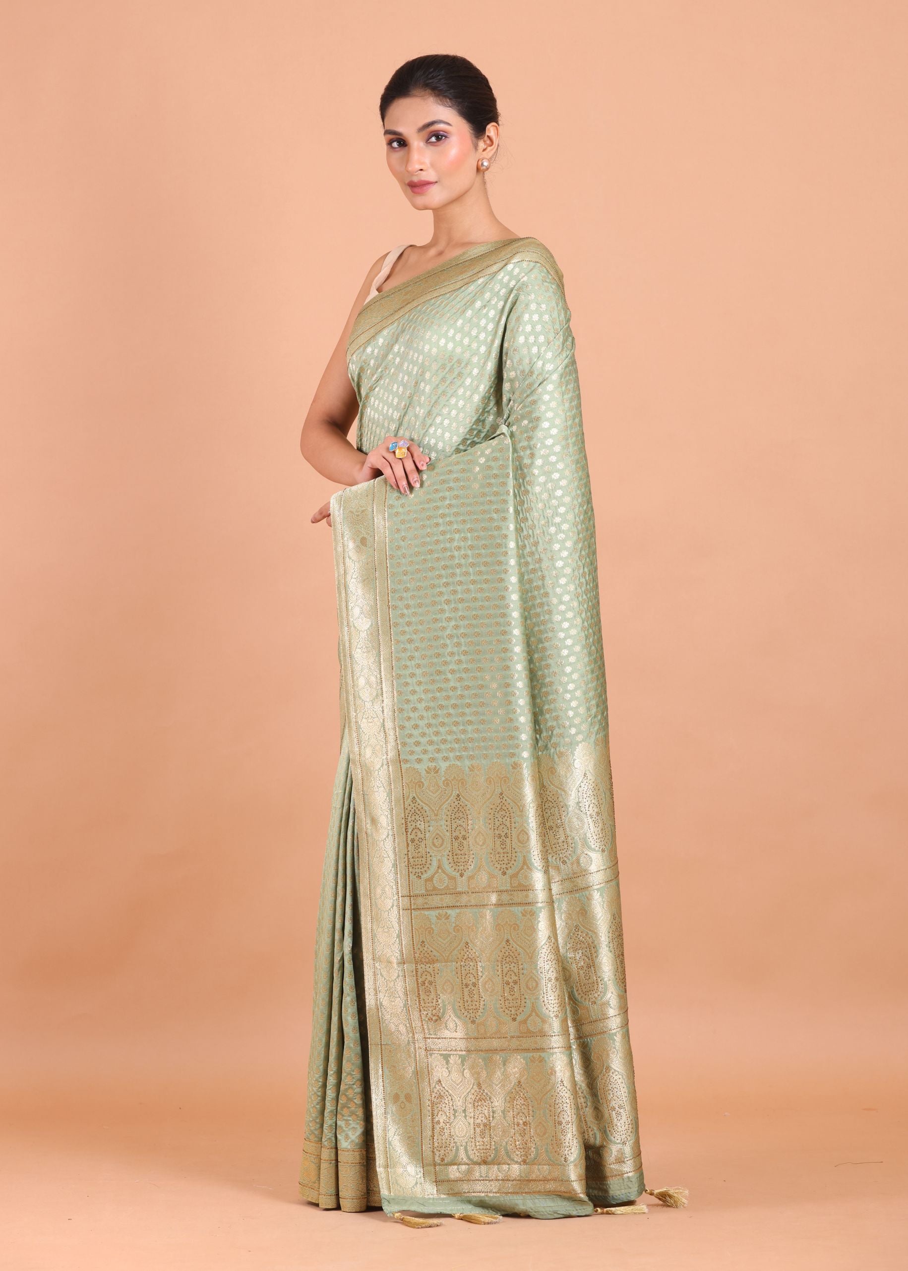 Sage Green Silk Banarasi Saree With Sequin Work front