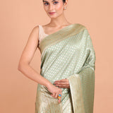 Sage Green Silk Banarasi Saree With Sequin Work close up