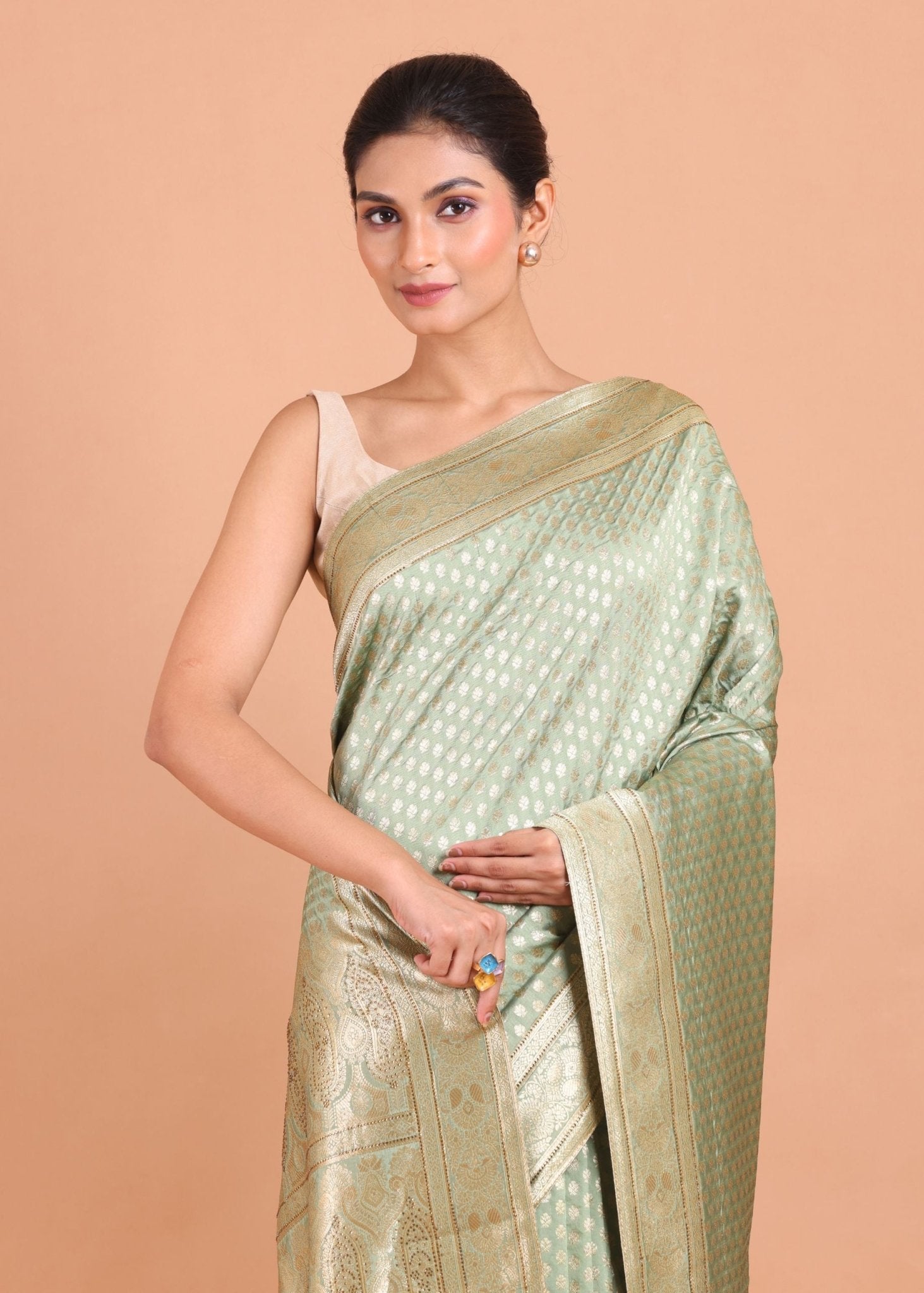 Sage Green Silk Banarasi Saree With Sequin Work - Anvi Couture