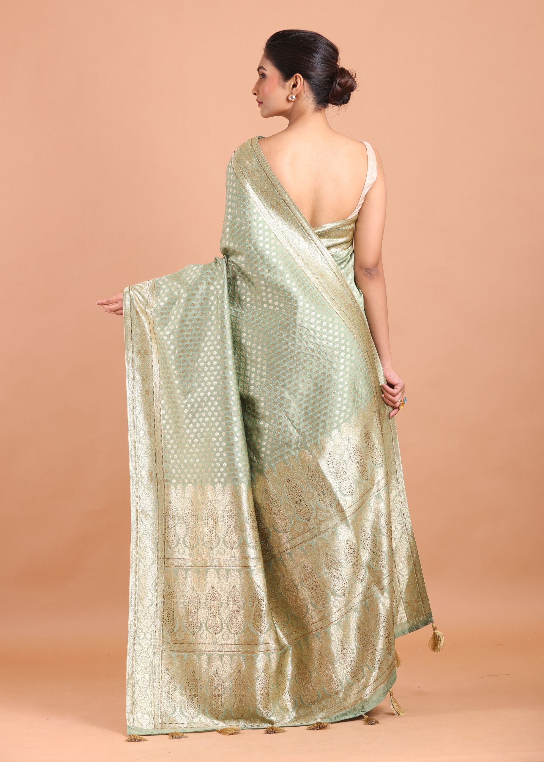 Sage Green Silk Banarasi Saree With Sequin Work back