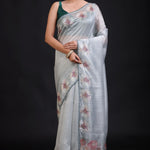 Sage Green Silk Saree floral Print with Embroidered Work full