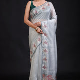 Sage Green Silk Saree floral Print with Embroidered Work full