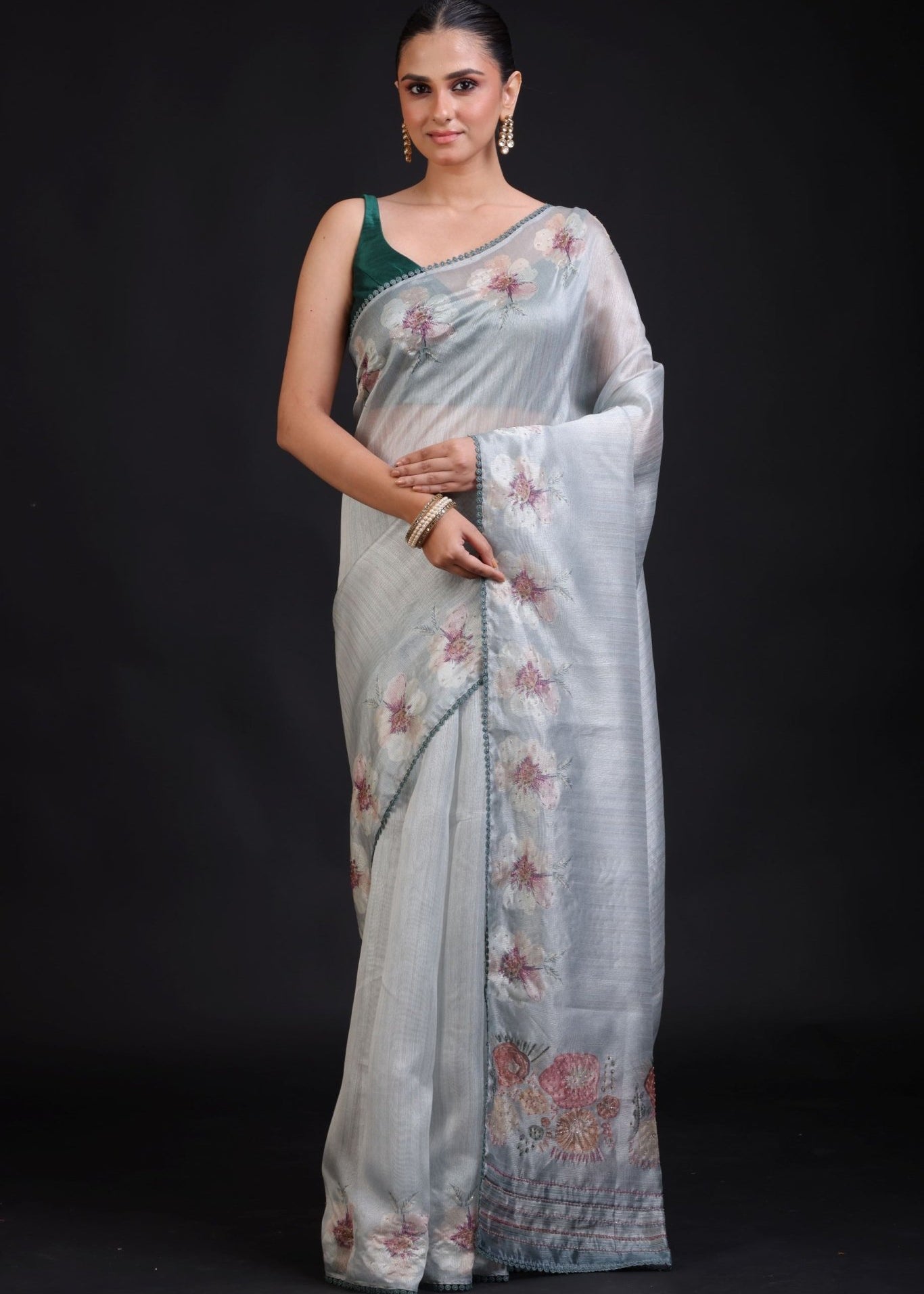 Sage Green Silk Saree floral Print with Embroidered Work - Anvi Couture