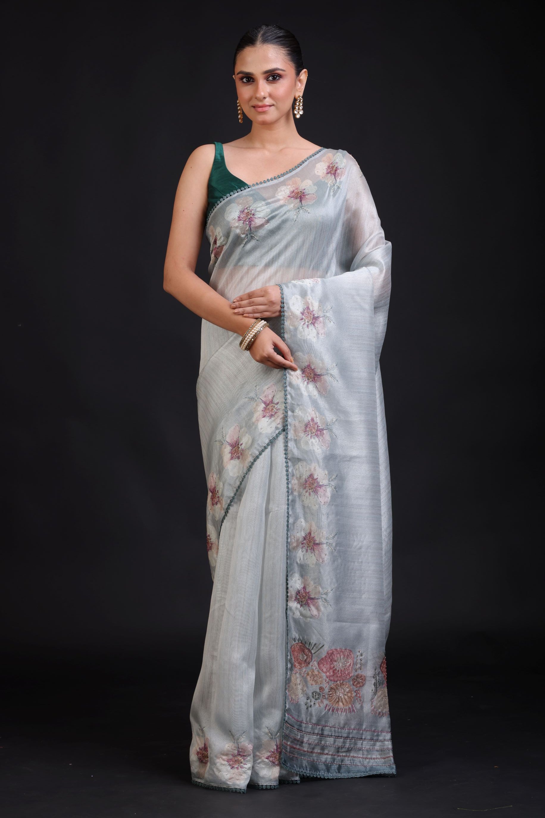 Sage Green Silk Saree floral Print with Embroidered Work full