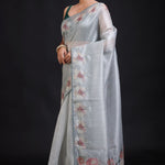 Sage Green Silk Saree floral Print with Embroidered Work front