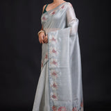 Sage Green Silk Saree floral Print with Embroidered Work front