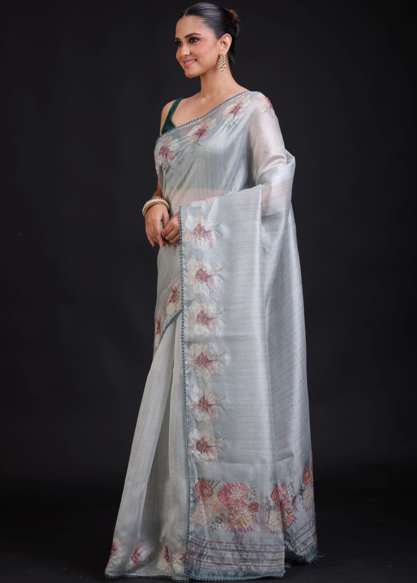 Sage Green Silk Saree floral Print with Embroidered Work - Anvi Couture