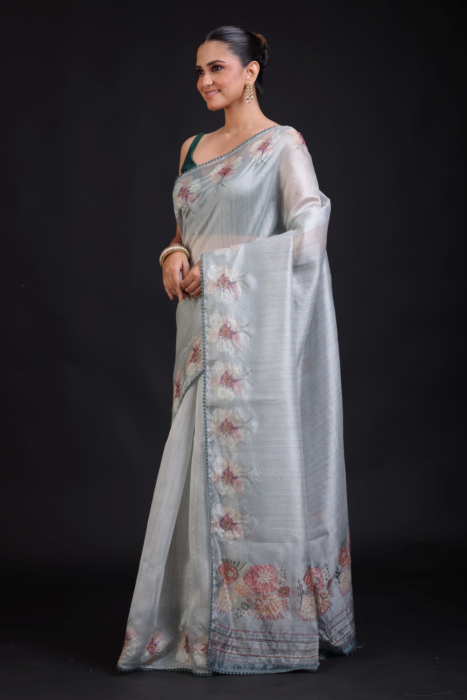 Sage Green Silk Saree floral Print with Embroidered Work front