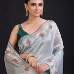 Sage Green Silk Saree floral Print with Embroidered Work close up