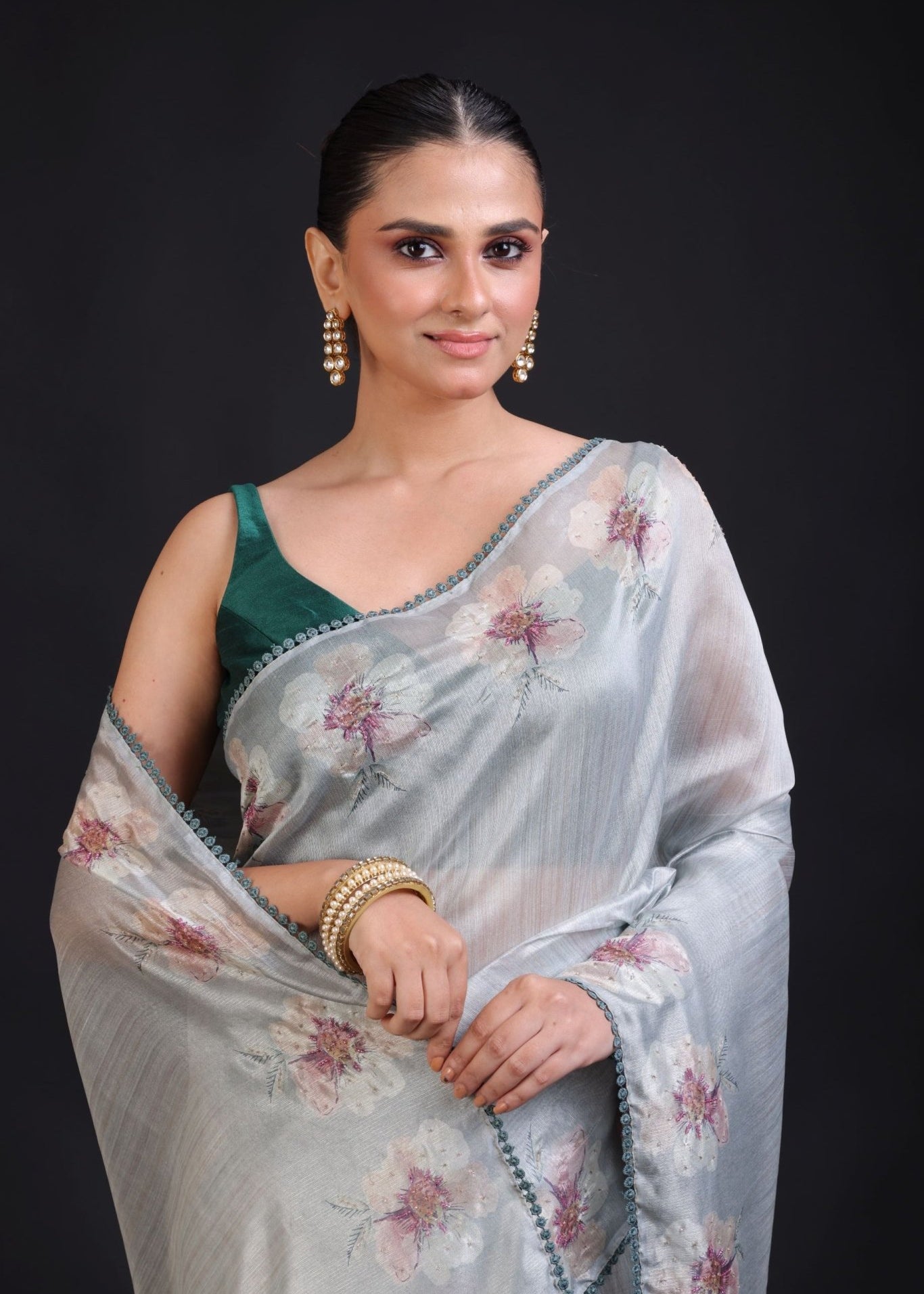 Sage Green Silk Saree floral Print with Embroidered Work - Anvi Couture