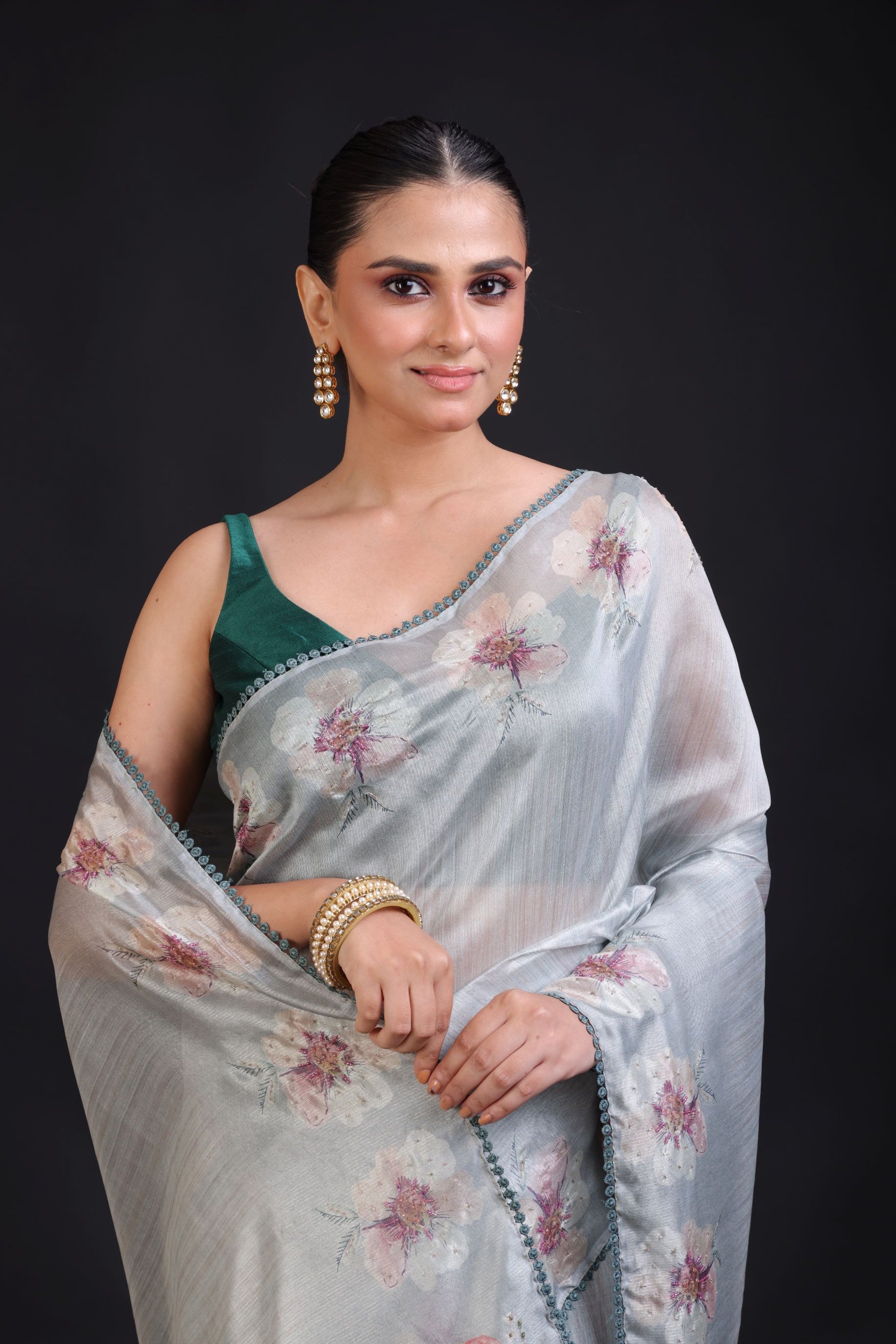 Sage Green Silk Saree floral Print with Embroidered Work close up