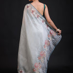 Sage Green Silk Saree floral Print with Embroidered Work back