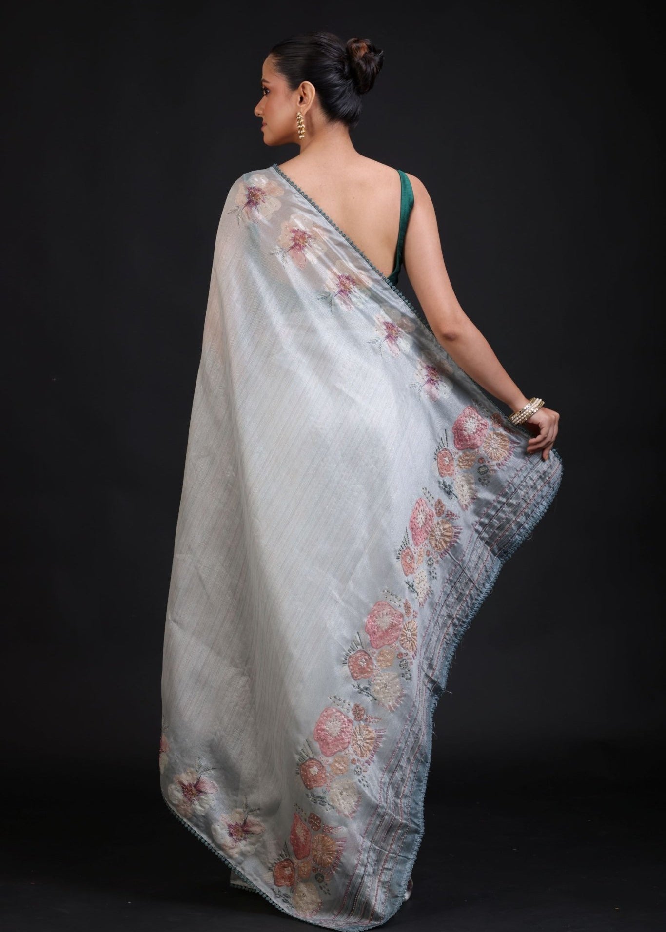 Sage Green Silk Saree floral Print with Embroidered Work - Anvi Couture