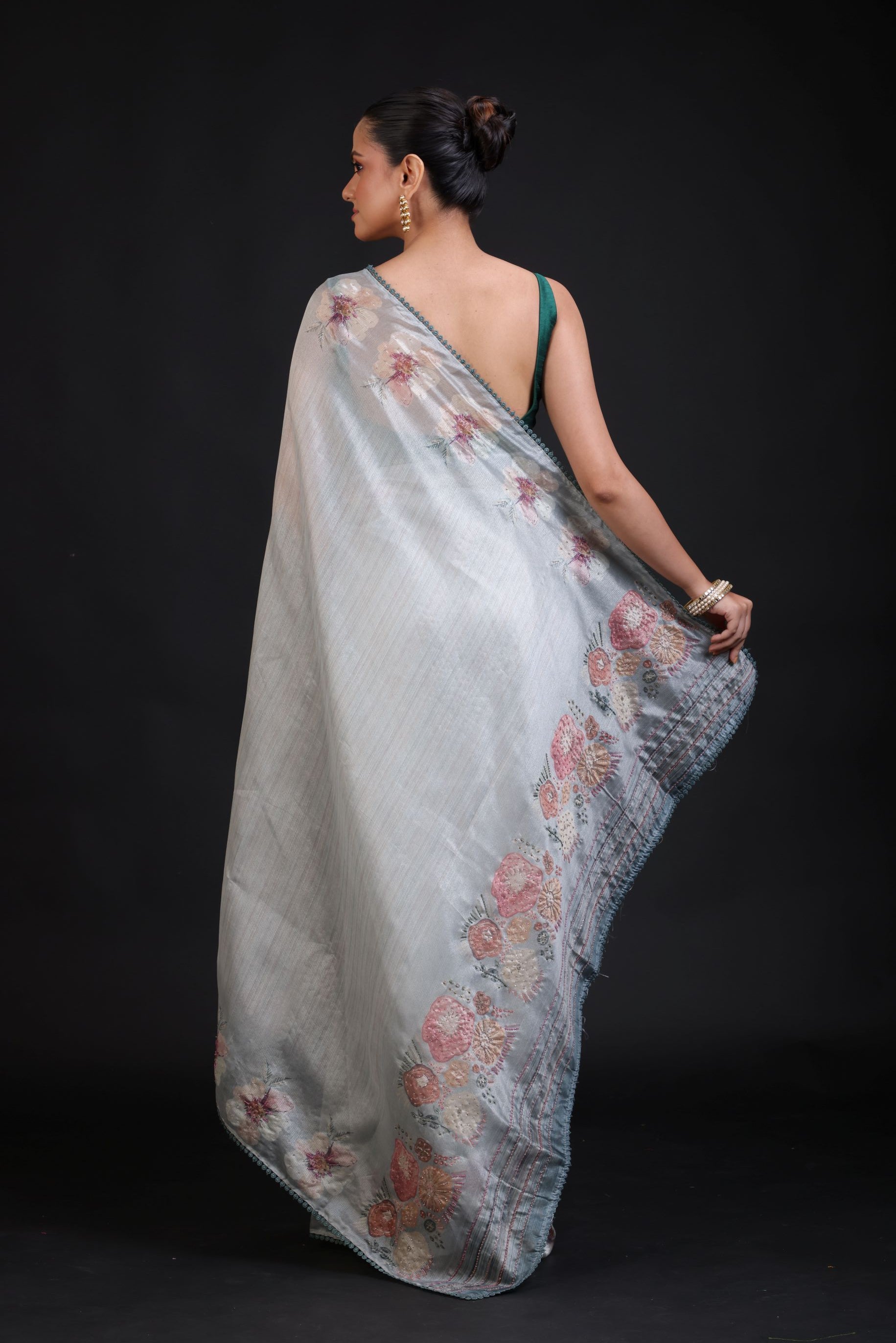 Sage Green Silk Saree floral Print with Embroidered Work back