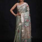 Sage Green Tissue Kota Silk Saree With Floral Thread Embroidery full